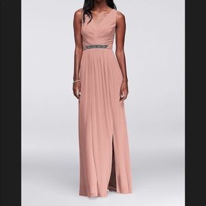 Long Mesh Dress with V-Neck and Beaded Waistband